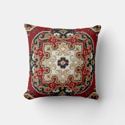 Scarlet Red Onyx Black Tan Oriental Persian Carpet Throw Pillow