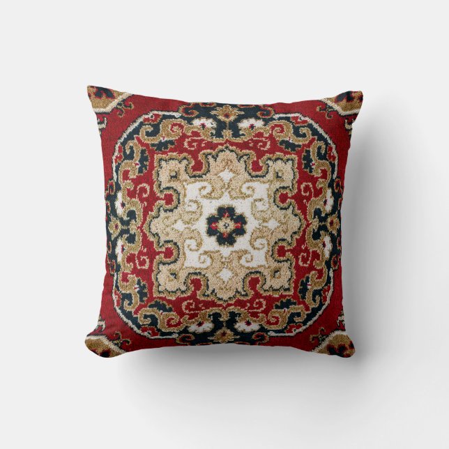 Scarlet Red Onyx Black Tan Oriental Persian Carpet Throw Pillow (Front)