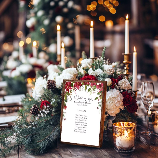 Scarlet Red Poinsettia Floral Guests Seating Pedestal Sign (Creator Uploaded)