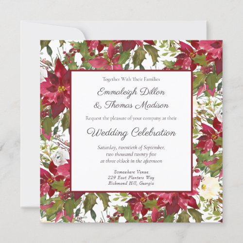 Scarlet Red Poinsettia Floral Pattern Wedding  Invitation