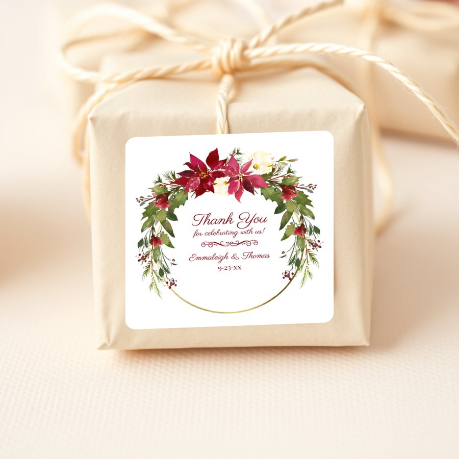 Scarlet Red Poinsettia Floral Thank You Favor Square Sticker