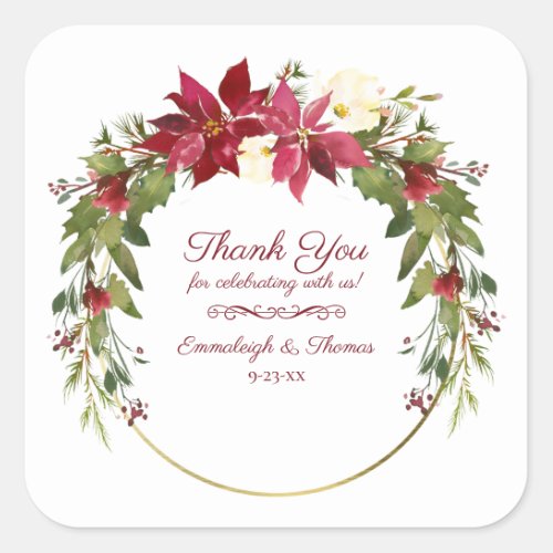 Scarlet Red Poinsettia Floral Thank You Favor Square Sticker