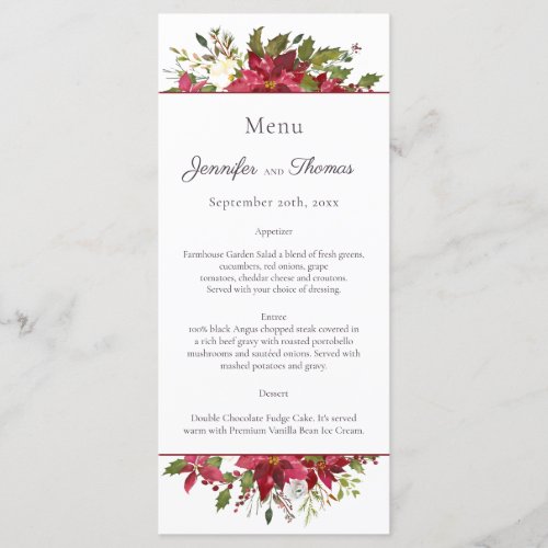 Scarlet Red Poinsettia Floral Wedding Menu