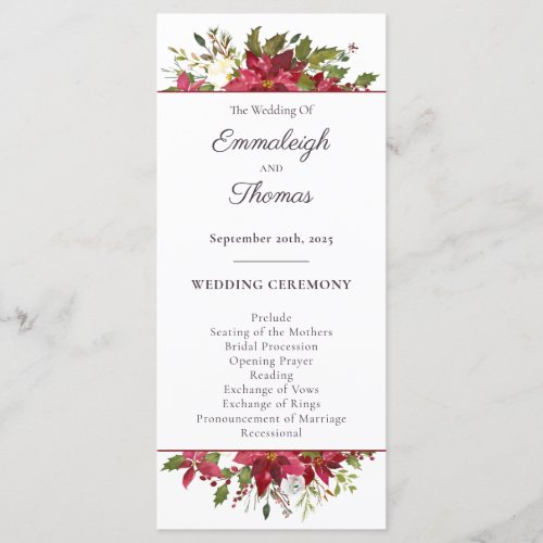 Scarlet Red Poinsettia Floral Wedding Program