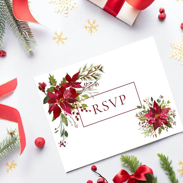 Scarlet Red Poinsettia Floral Wedding RSVP  Invitation Postcard (Creator Uploaded)
