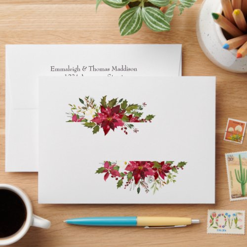 Scarlet Red Poinsettia Floral Wedding White Envelope