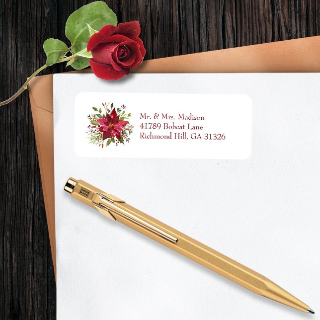 Scarlet Red Poinsettia Florals Return Address Label (Creator Uploaded)