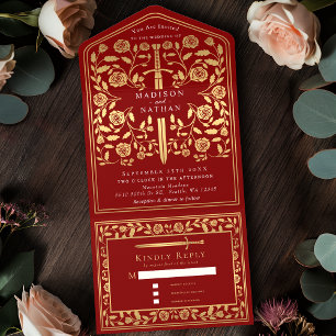 Scarlet Red Royal Medieval Sword Wedding All In One Invitation