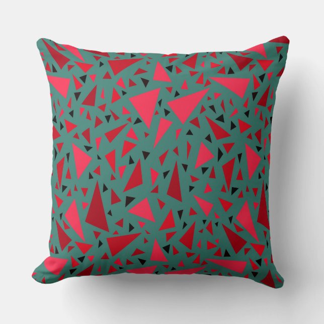 scarlet red triangles on a dark turquoise backgrou throw pillow (Front)