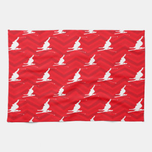 Scarlet Red, White, Chevron, Snow Ski Kitchen Towel