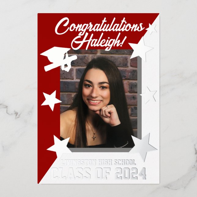 Scarlet Red & White, Diagonal Graduation Silver Foil Invitation (Front)