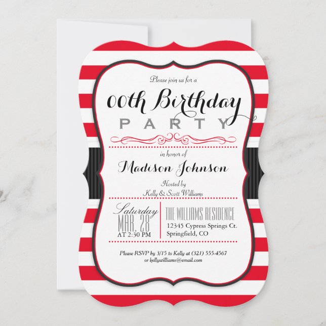 Scarlet Red & White Stripes Birthday Party Invitation (Front)
