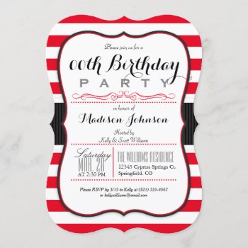 Scarlet Red & White Stripes Birthday Party Invitation by Card_Stop at Zazzle