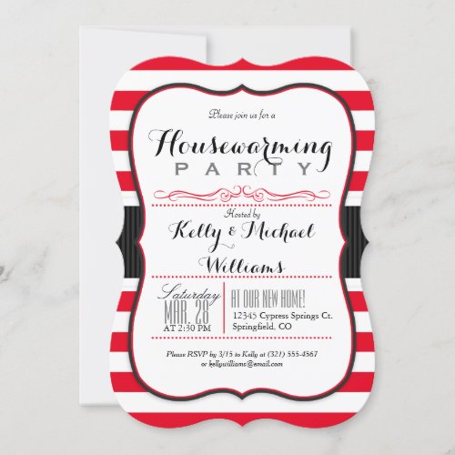 Scarlet Red  White Stripes Housewarming Party Invitation