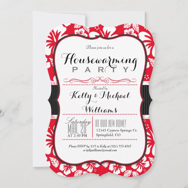 Scarlet Red & White Tropical Housewarming Party Invitation (Front)