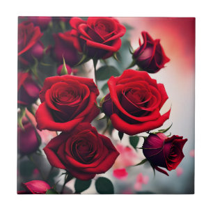 "Scarlet Rose Blooms: A Bouquet of Passion" Ceramic Tile