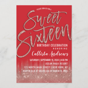 Scarlet Rose Gold Glitter Typography Sweet 16 Invitation