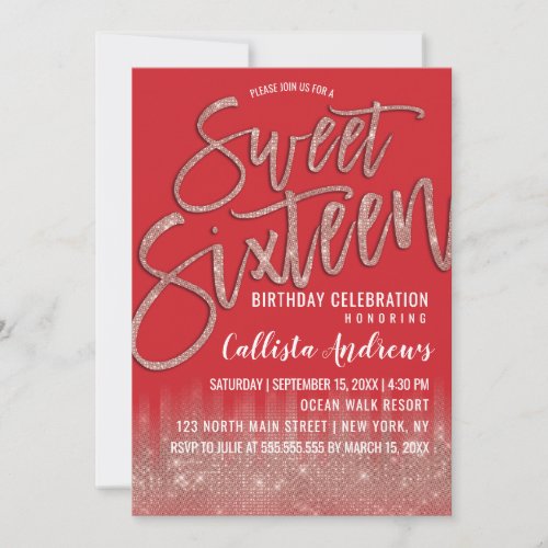 Scarlet Rose Gold Glitter Typography Sweet 16 Invitation