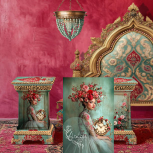 Scarlet Rose Portrait Butterflies Clock Floral Tissue Paper