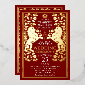 Scarlet Royal Lion Medieval Wedding  Foil Invitation