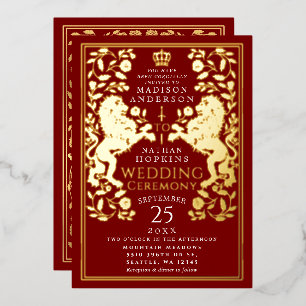 Scarlet Royal Lion Medieval Wedding Foil Invitation