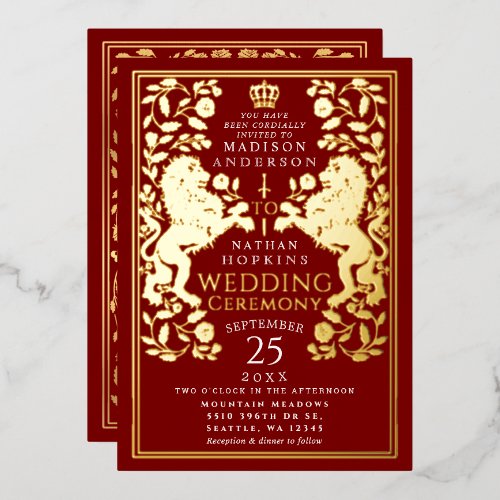 Scarlet Royal Lion Medieval Wedding Foil Invitation