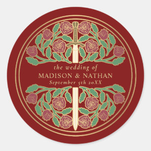Scarlet Royal Medieval Gold Sword Wedding Classic Round Sticker