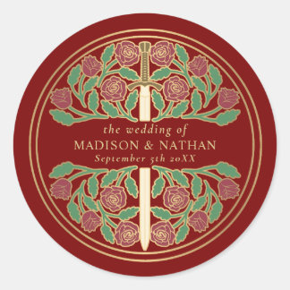Scarlet Royal Medieval Gold Sword Wedding  Classic Round Sticker
