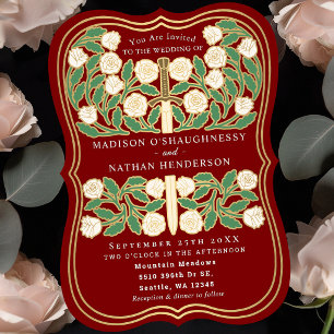 Scarlet Royal Medieval White Floral Sword Wedding Invitation