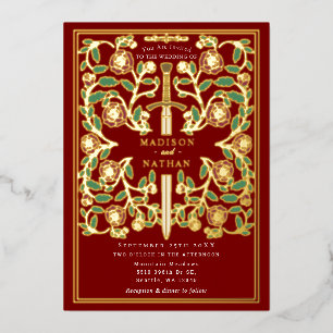 Scarlet Royal Sword Floral Fantasy Wedding Foil Invitation
