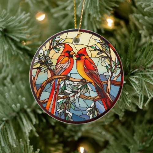 Scarlet Songbirds Stained Glass Ornament