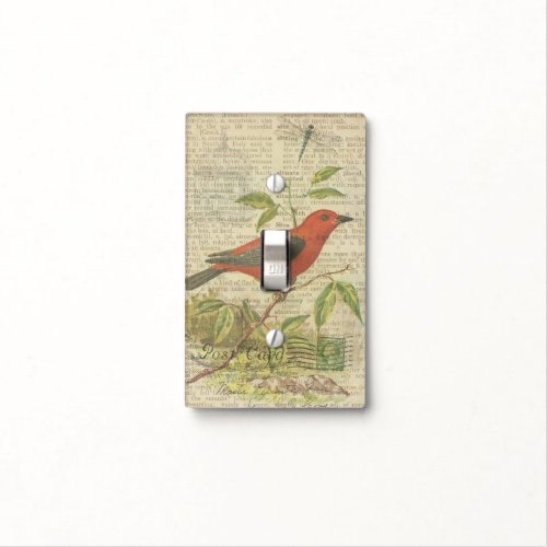 Scarlet Tanager Vintage Bird Birdcage Dragonfly Light Switch Cover
