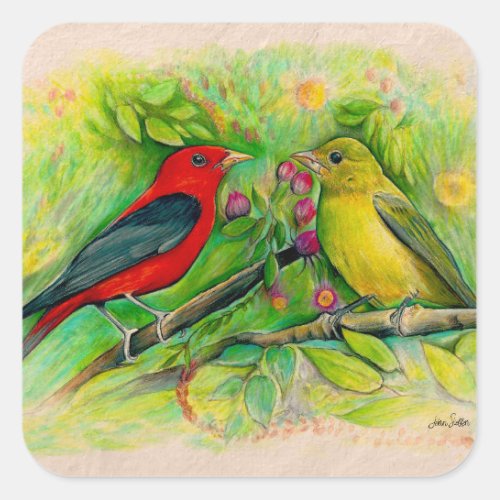 Scarlet Tanagers Bird Art Square Sticker