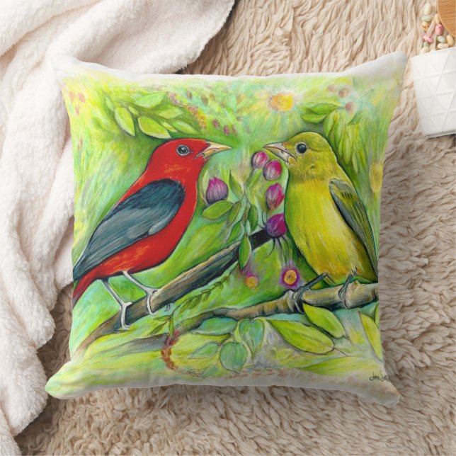 Scarlet Tanagers Bird Art Throw Pillow (Blanket)