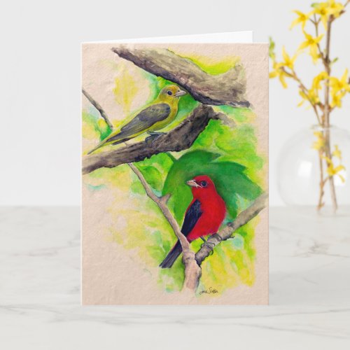 Scarlet Tanagers Birds Watercolor Painting Card
