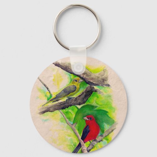 Scarlet Tanagers Birds Watercolor Painting Keychain