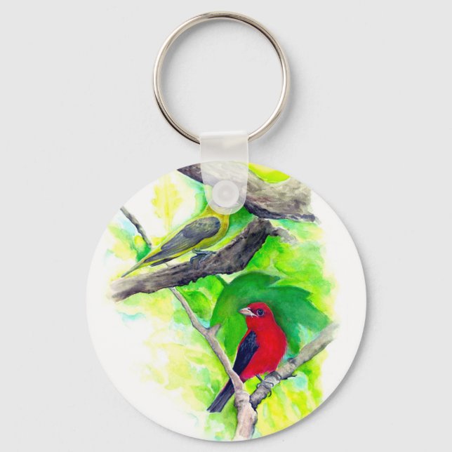 Scarlet Tanagers Birds Watercolor Painting Keychain (Front)
