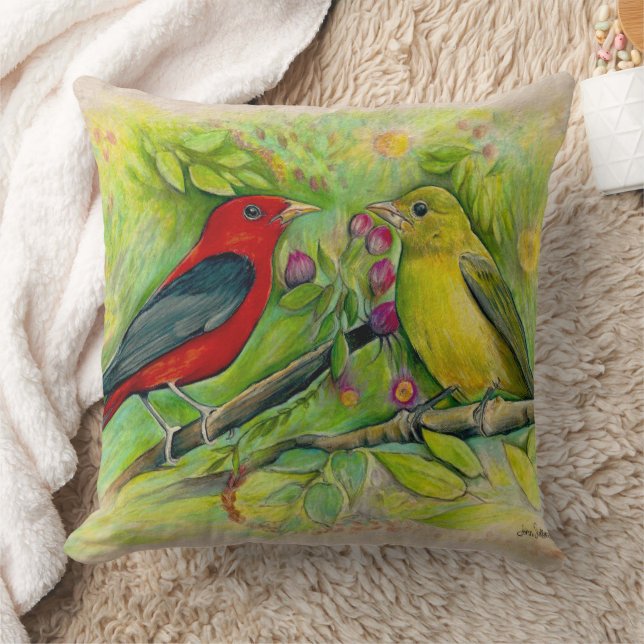  Scarlet Tanagers Watercolor Art Throw Pillow (Blanket)