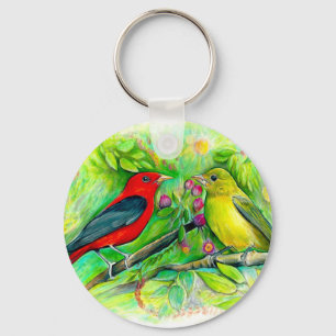 Scarlet Tanagers Watercolor Colored Pencil Drawin Keychain