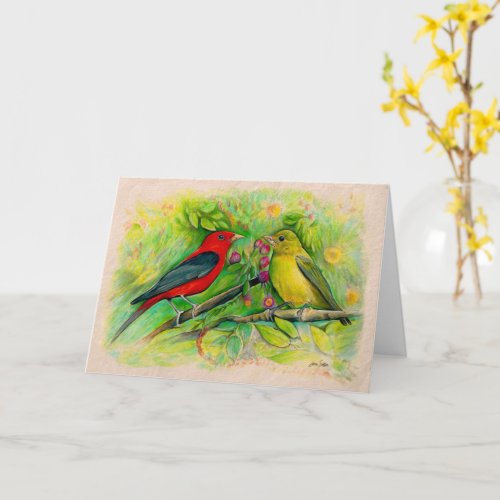 Scarlet Tanagers Watercolor Colored Pencil Drawing Card