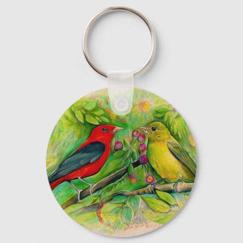 Scarlet Tanagers Watercolor Colored Pencil Drawing Keychain