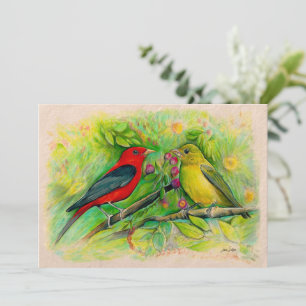 Scarlet Tanagers Watercolor Colored Pencil Drawing Note Card
