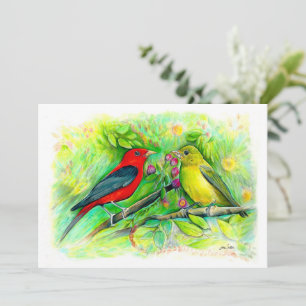 Scarlet Tanagers Watercolor Colored Pencil Drawing Note Card