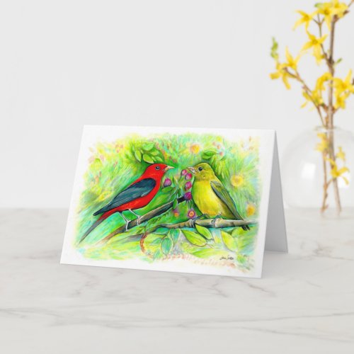  Scarlet Tanagers Watercolor Happy Birthday Card