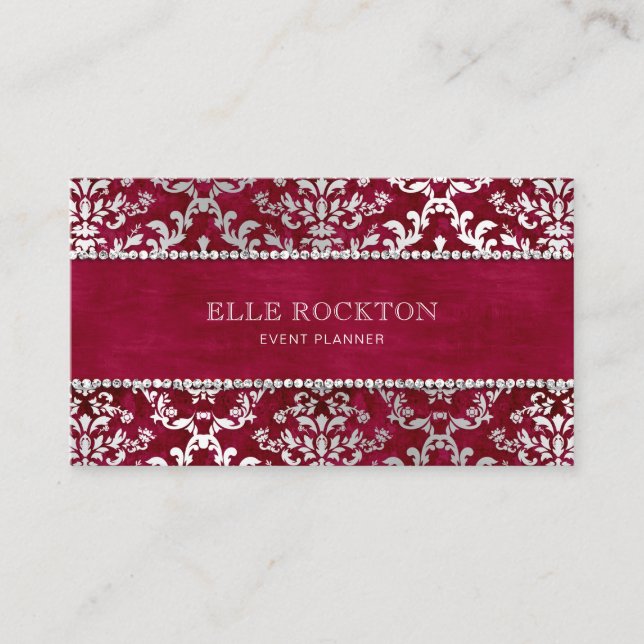 Scarlet thread Red Glimmer Damask Silver Love Business Card (Front)