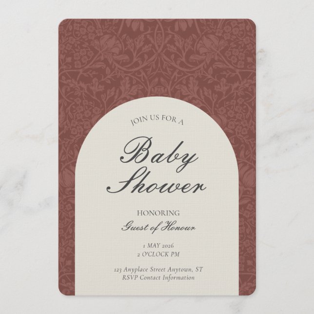 Scarlet Traditional Floral Arts and Crafts Shower Invitation (Front)