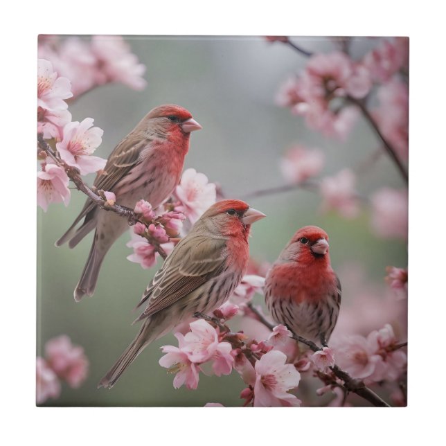 "Scarlet Trio: Red Finches Among Pink Blossoms" Ceramic Tile (Front)