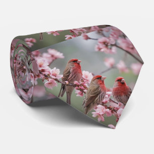 "Scarlet Trio: Red Finches Among Pink Blossoms" Neck Tie