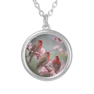 "Scarlet Trio: Red Finches Among Pink Blossoms" Silver Plated Necklace