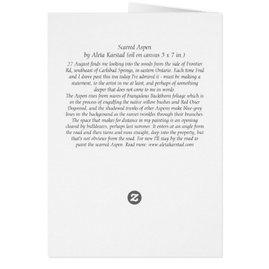 'Scarred Aspen' note card print (Back)